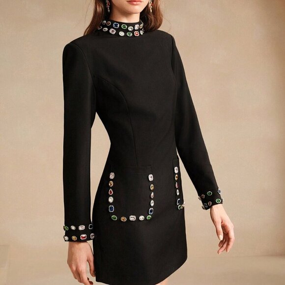 Black Elegant Women's Rhinestone Embellished Long Sleeve Short Dress - Picture 4 of 7